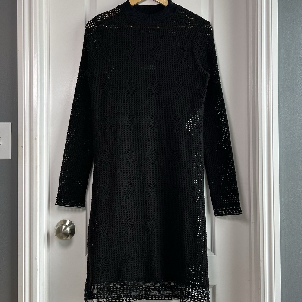 See By Chloé Black Open Knit Crochet Mock Neck Dress‎ Whimsigoth Dark Boho Style